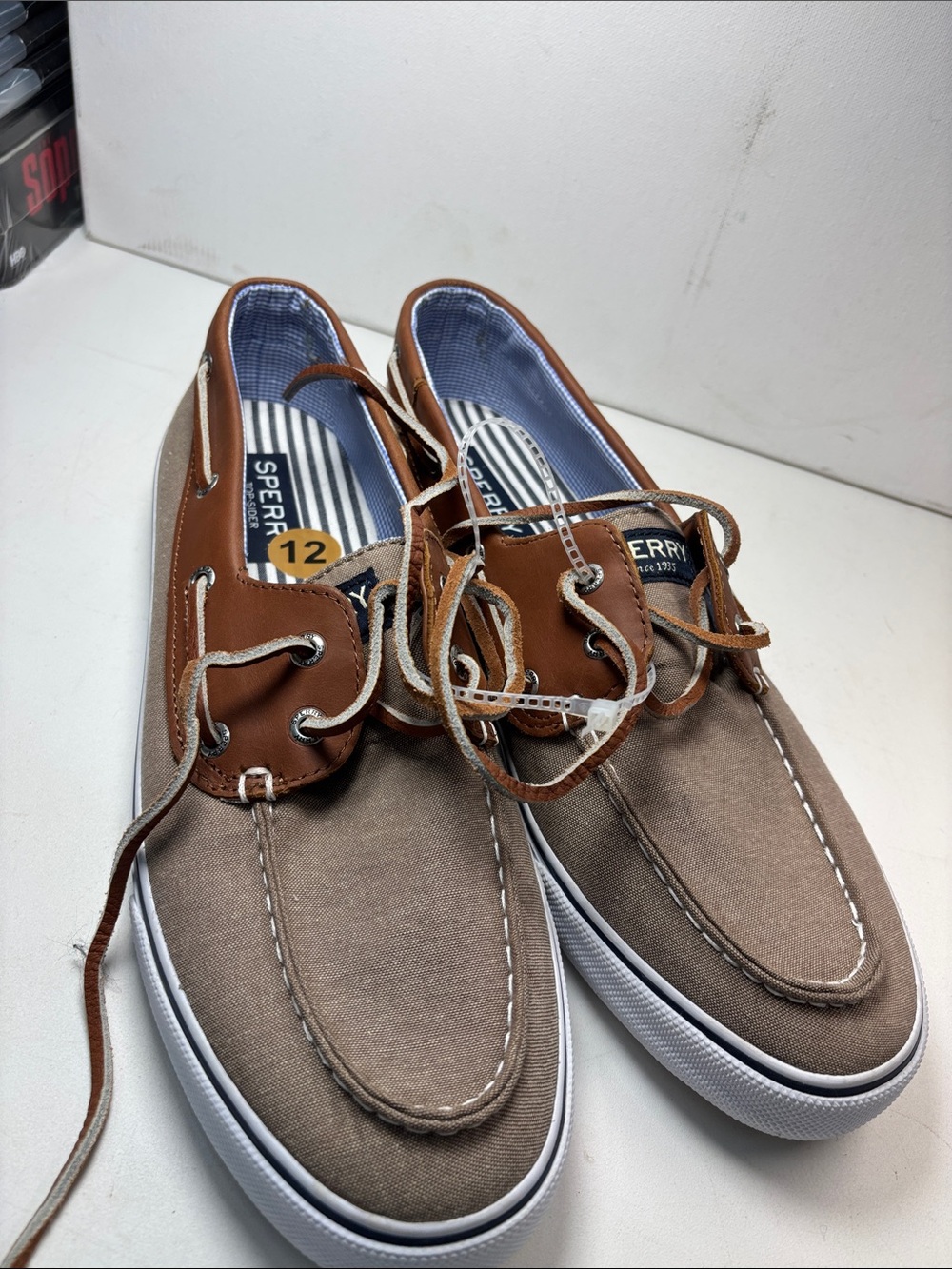 Sperry Men's Taupe Canvas with Brown Leather Trim Boat Shoes